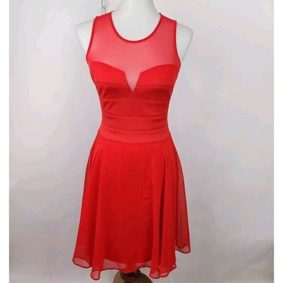Guess Red Fit Flare Cocktail Party Mini Dress Sheer Sweetheart Neckline Womens S - Picture 1 of 7